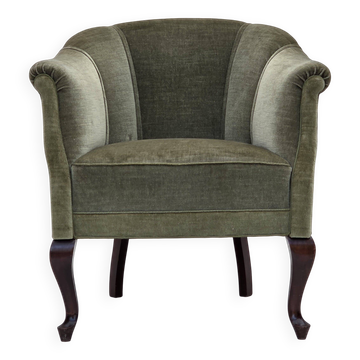 1960s, Danish armchair, green furniture velour, beech wood legs.