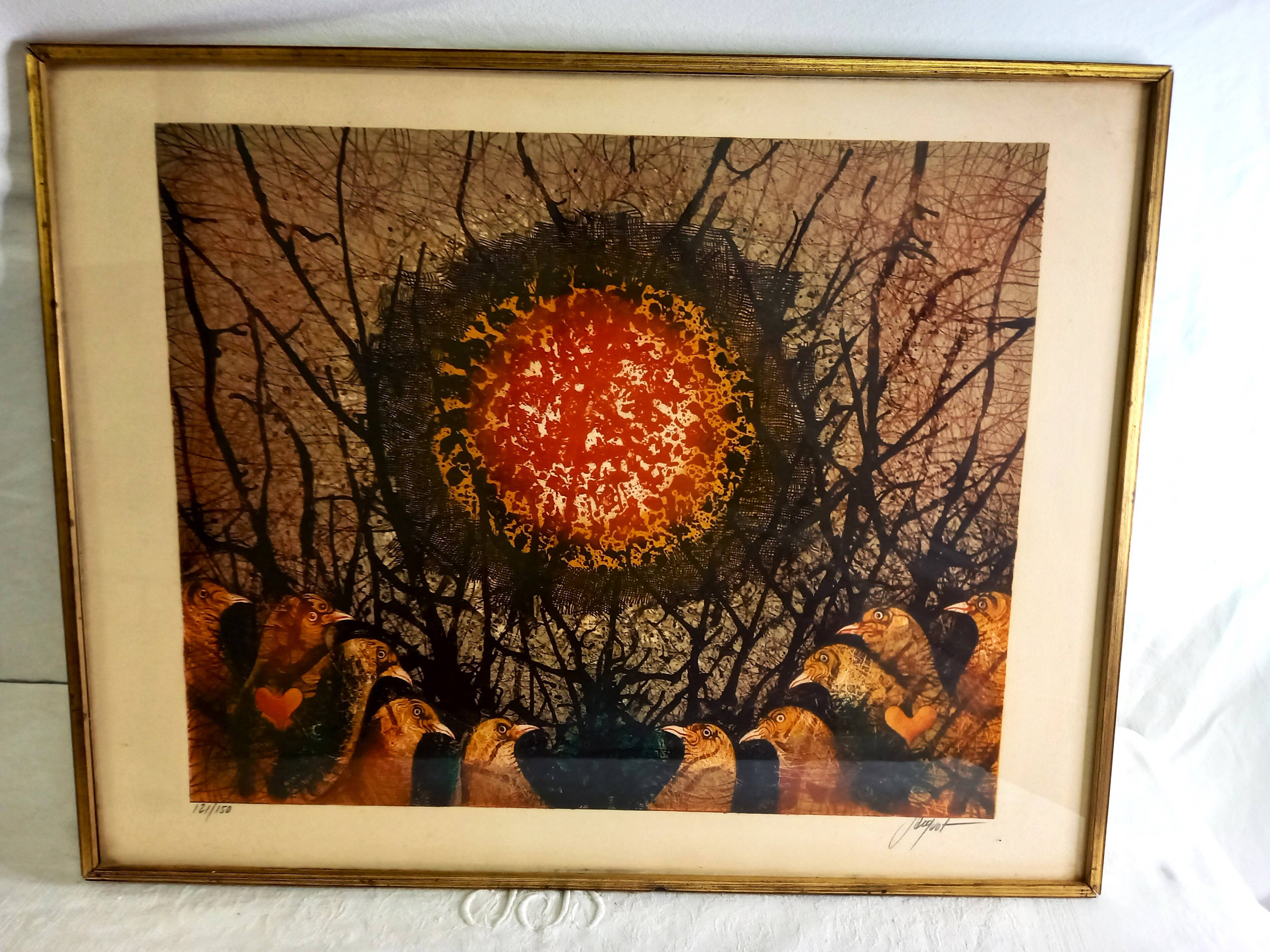 Original lithograph by Pierre-Henri Jacquot (1929-2009), birds and sun, framed and signed