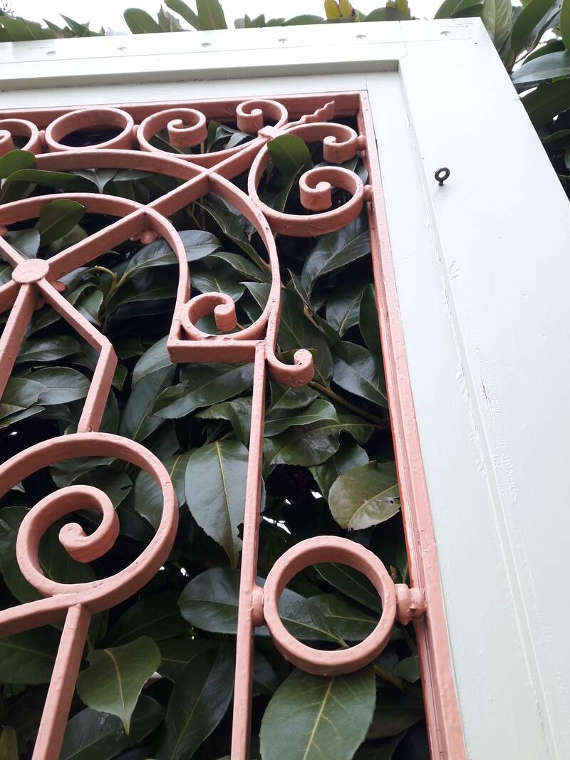 Entrance door 264x99cm old walnut oak wrought iron grille glass panel