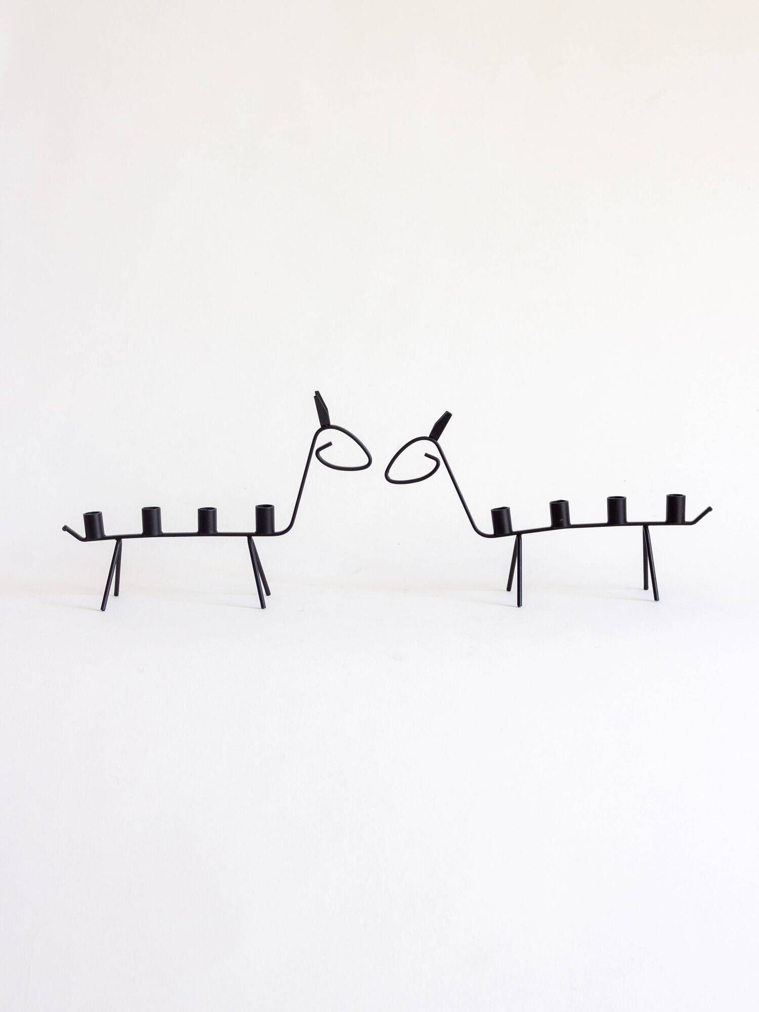 Pair of two zoomorphic wrought iron candlesticks with 4 lights, 1960s