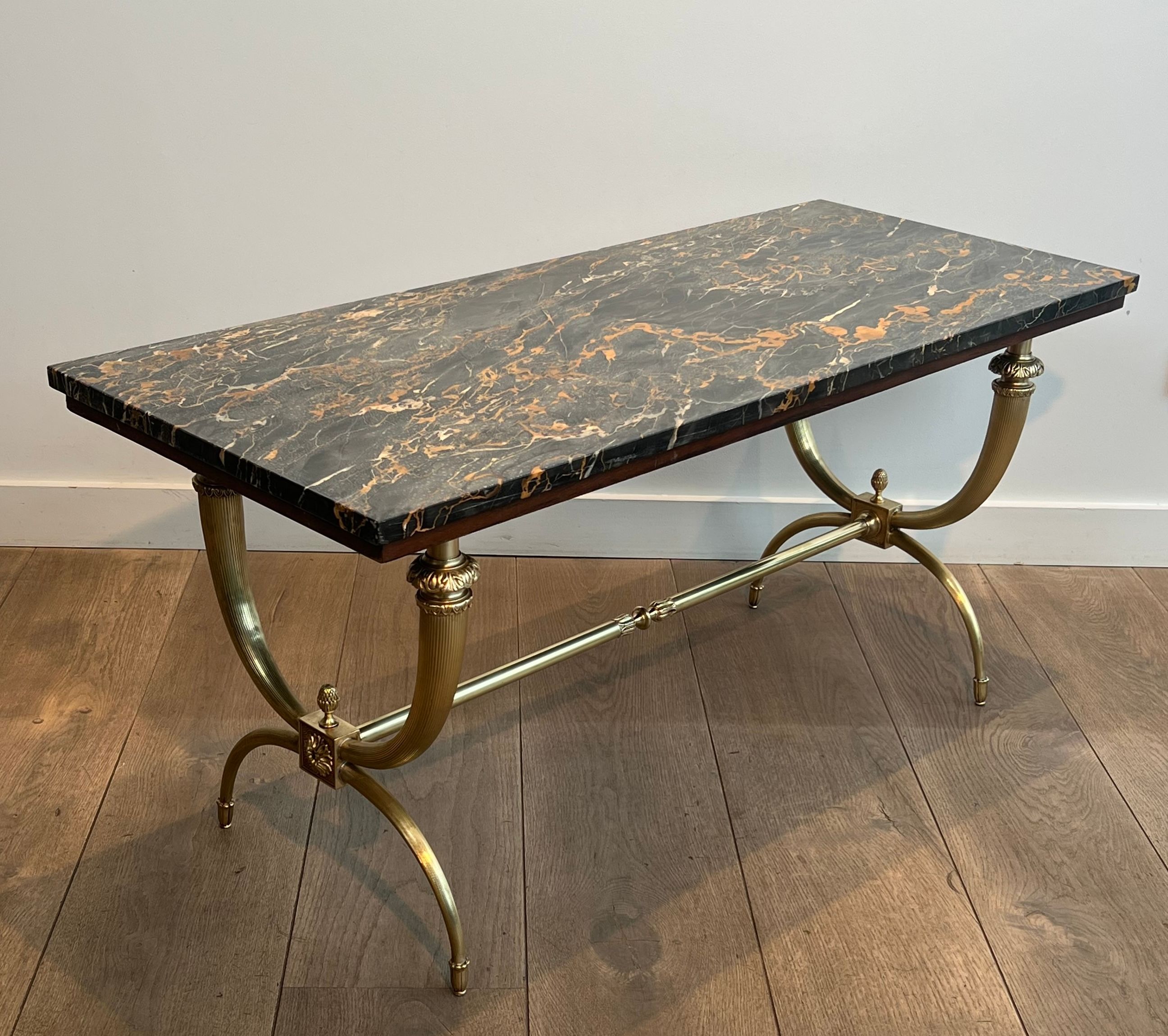 Neoclassical coffee table in brass and marble by Raymond Subes