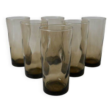 Set of 6 70s Long Drink design smoked glasses
