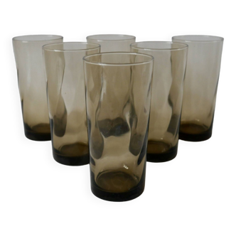 Set of 6 70s Long Drink design smoked glasses