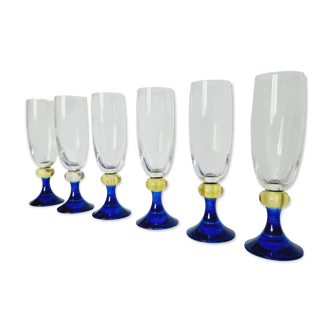 Fun set of 6 vintage crystal sparkling wine or champagne glasses with yellow details and