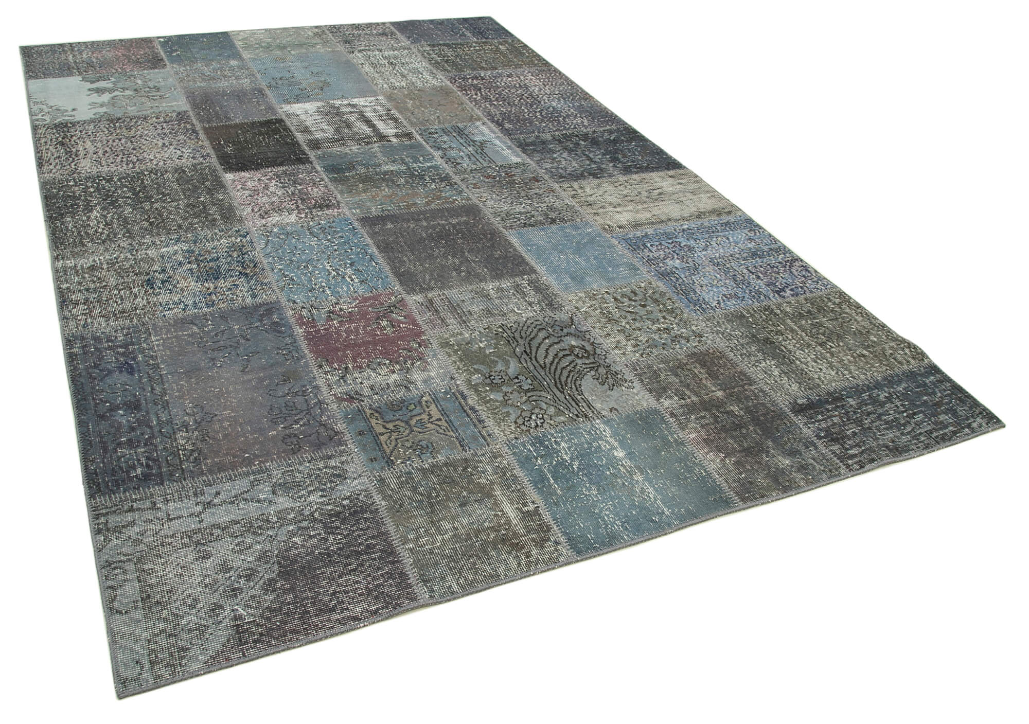 Hand-knotted oriental overdyed 197 cm x 300 cm grey patchwork carpet