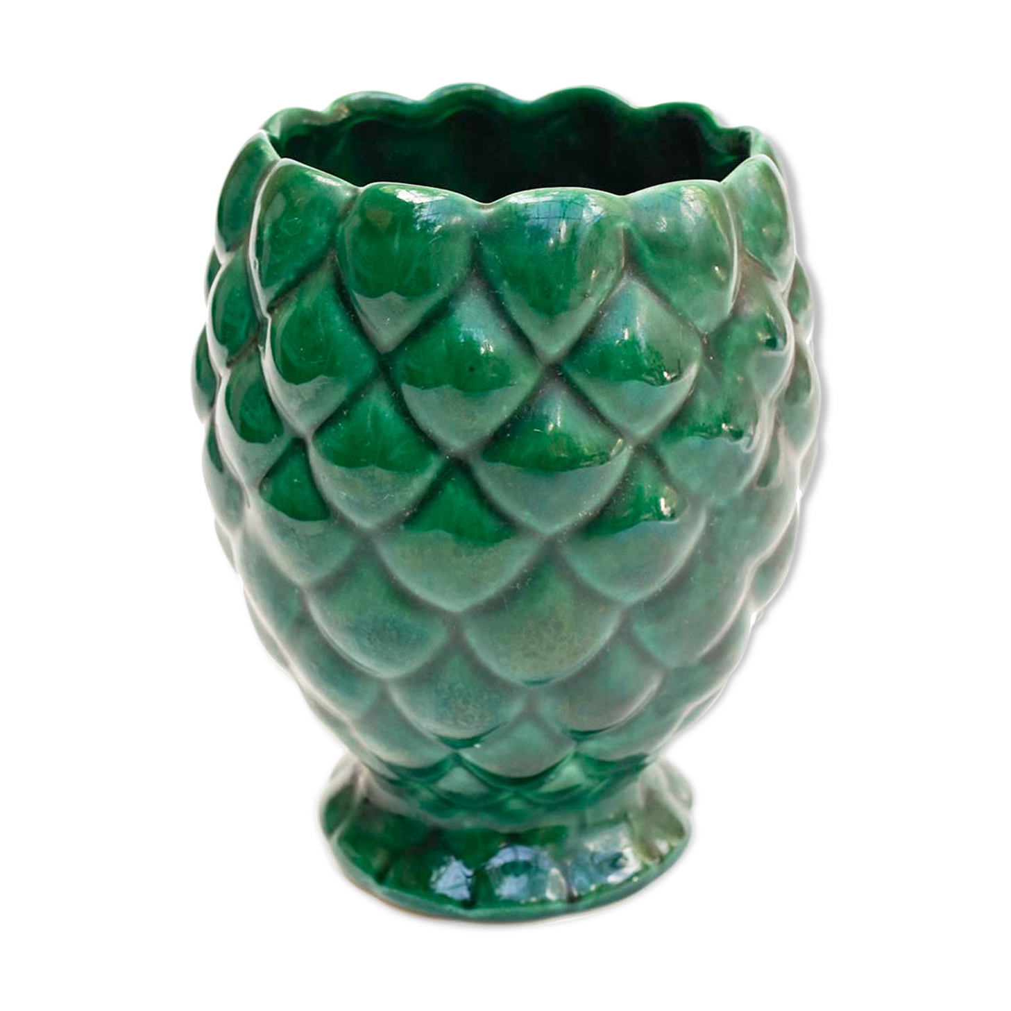 Cache pot vase barbotine forme ananas vert vintage