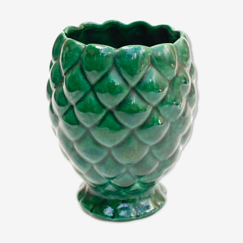 Cache pot vase barbotine forme ananas vert vintage