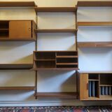 Modular 3-compartment teak wall shelving system with desk and lighting by Kai Kristiansen for FM, Denmark, 1960s
