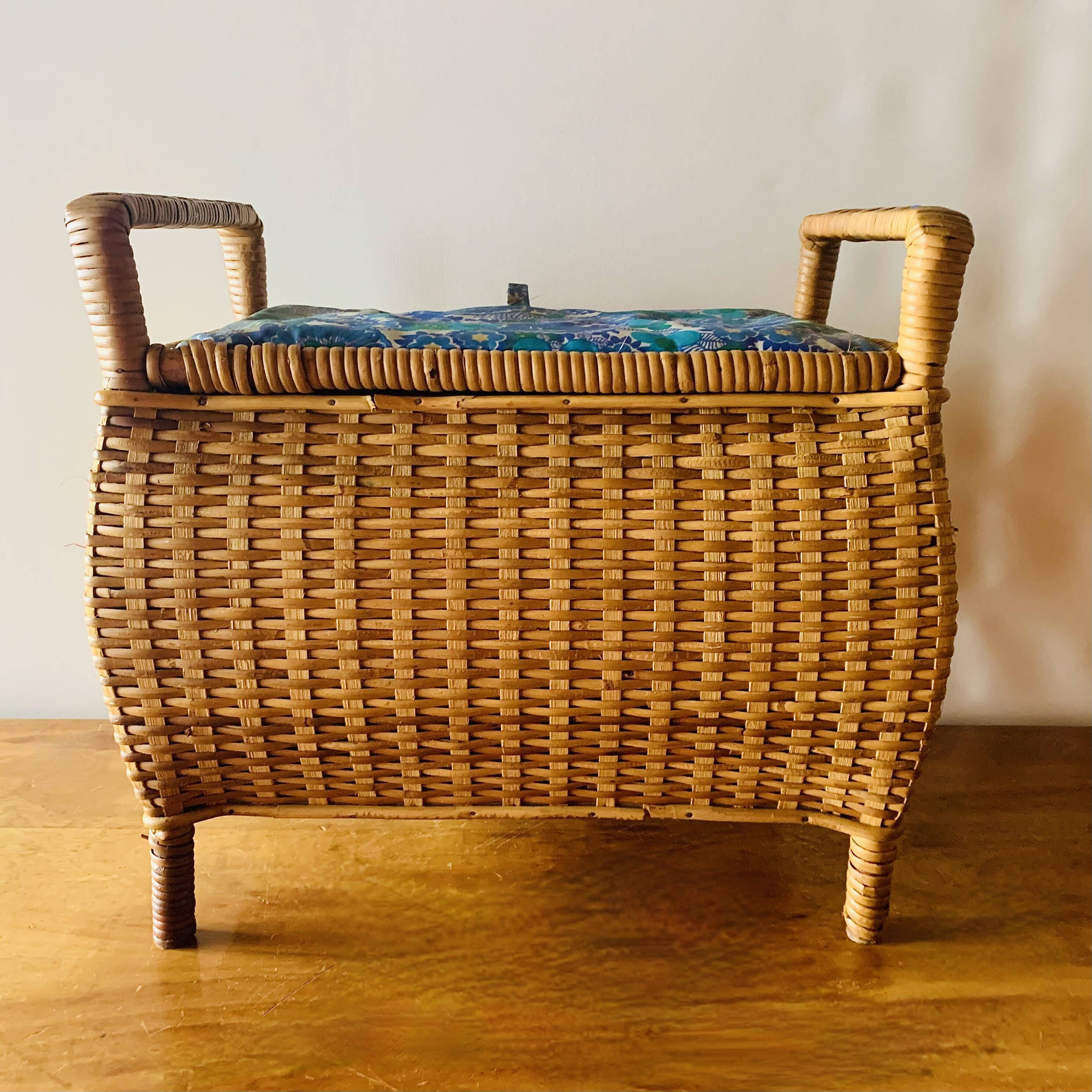 Large vintage rattan and wicker sewing basket with fabric seat