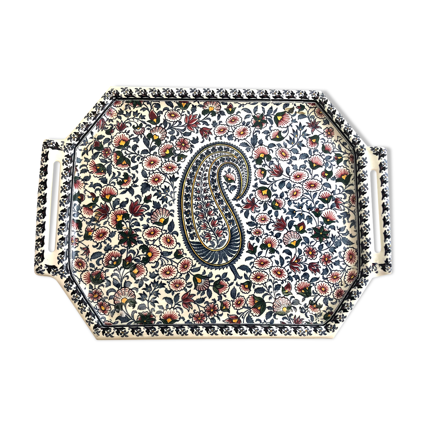 Plateau en faience de gien décor bohrée ou cachemire
