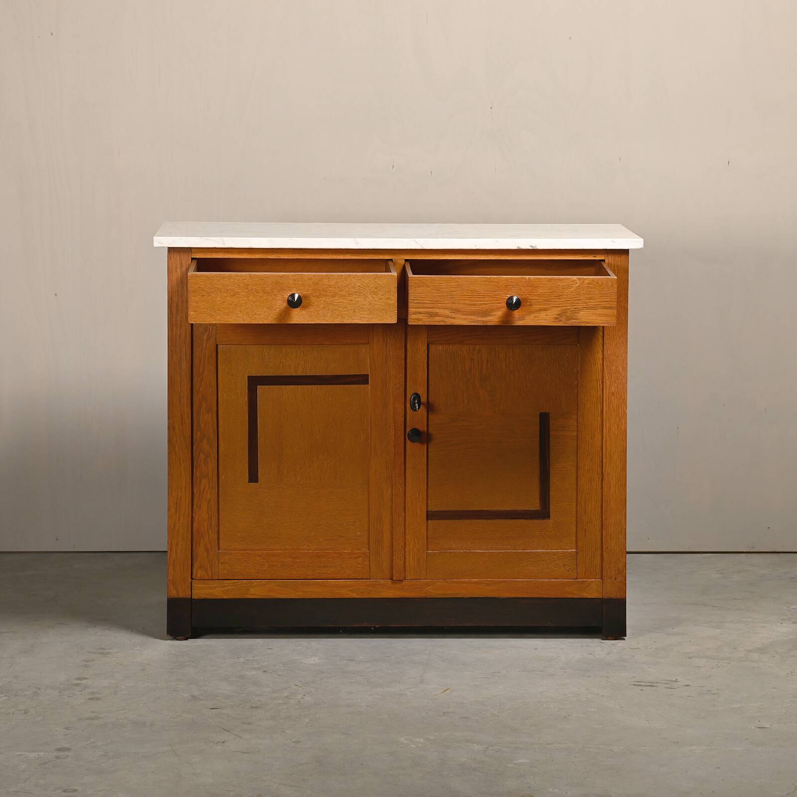 Art Deco Amsterdam School Cabinet Sideboard Oak and Marble, 1930s Netherlan