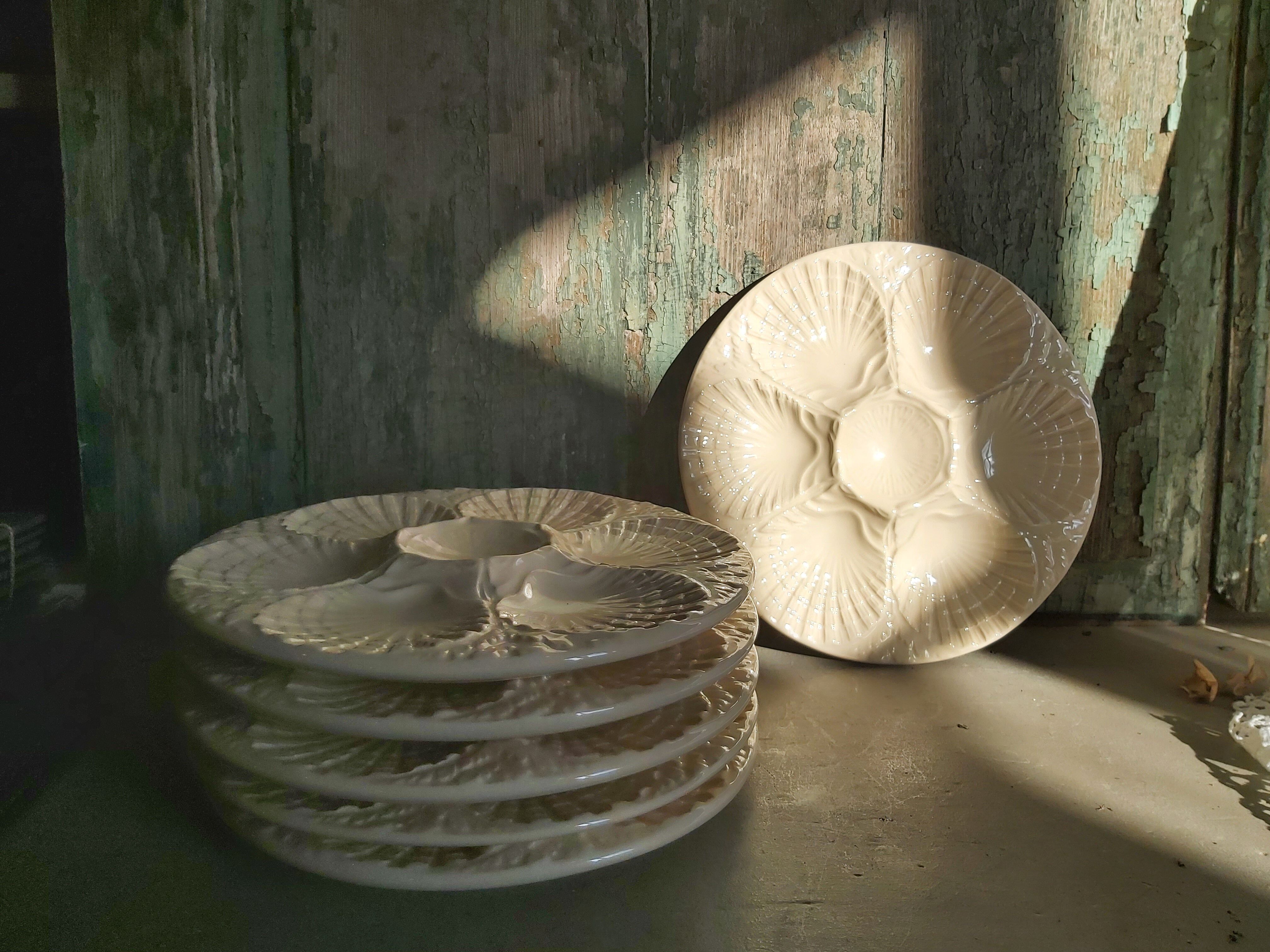 Vintage French white Majolica oyster plate