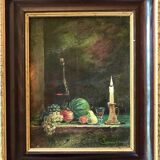 Painting, still life with fruit and candle, hst, signed and dated 1979