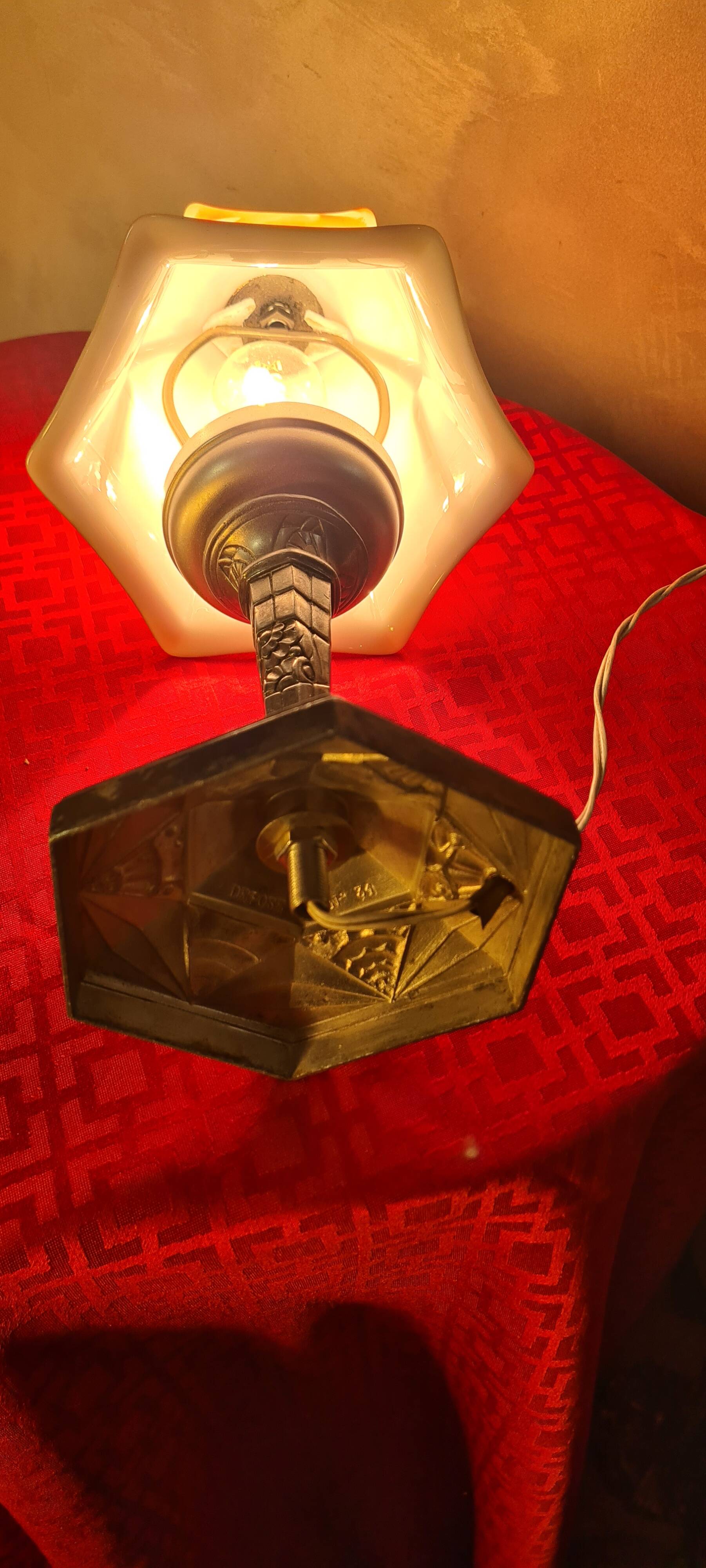 Antique 1930s regul lamp with painted opaline lampshade, art deco, 36x18