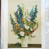Vase de delphiniums lithographie originale signée cheyssial 1907 1997