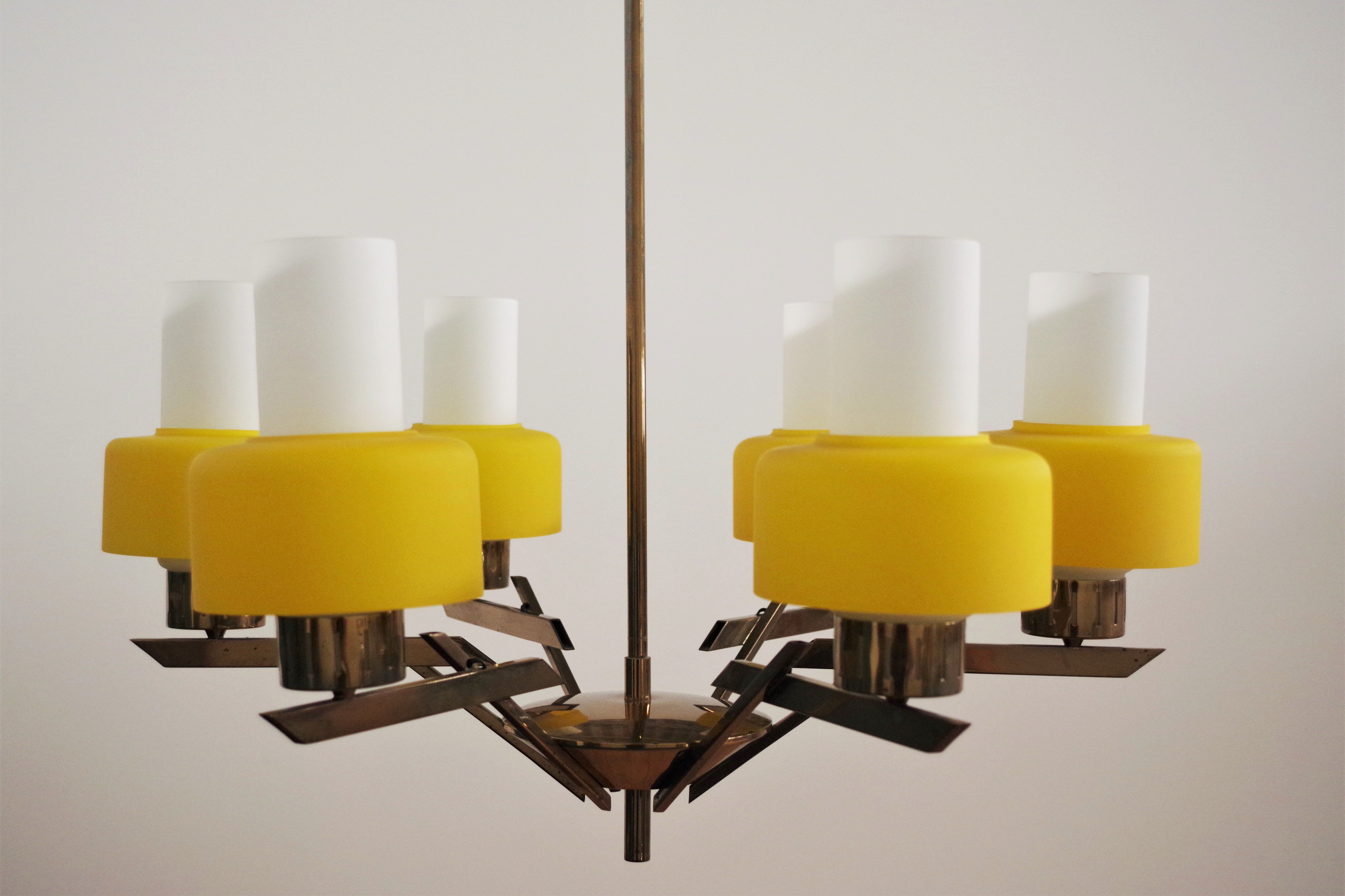 Vintage chandelier in brass and glass