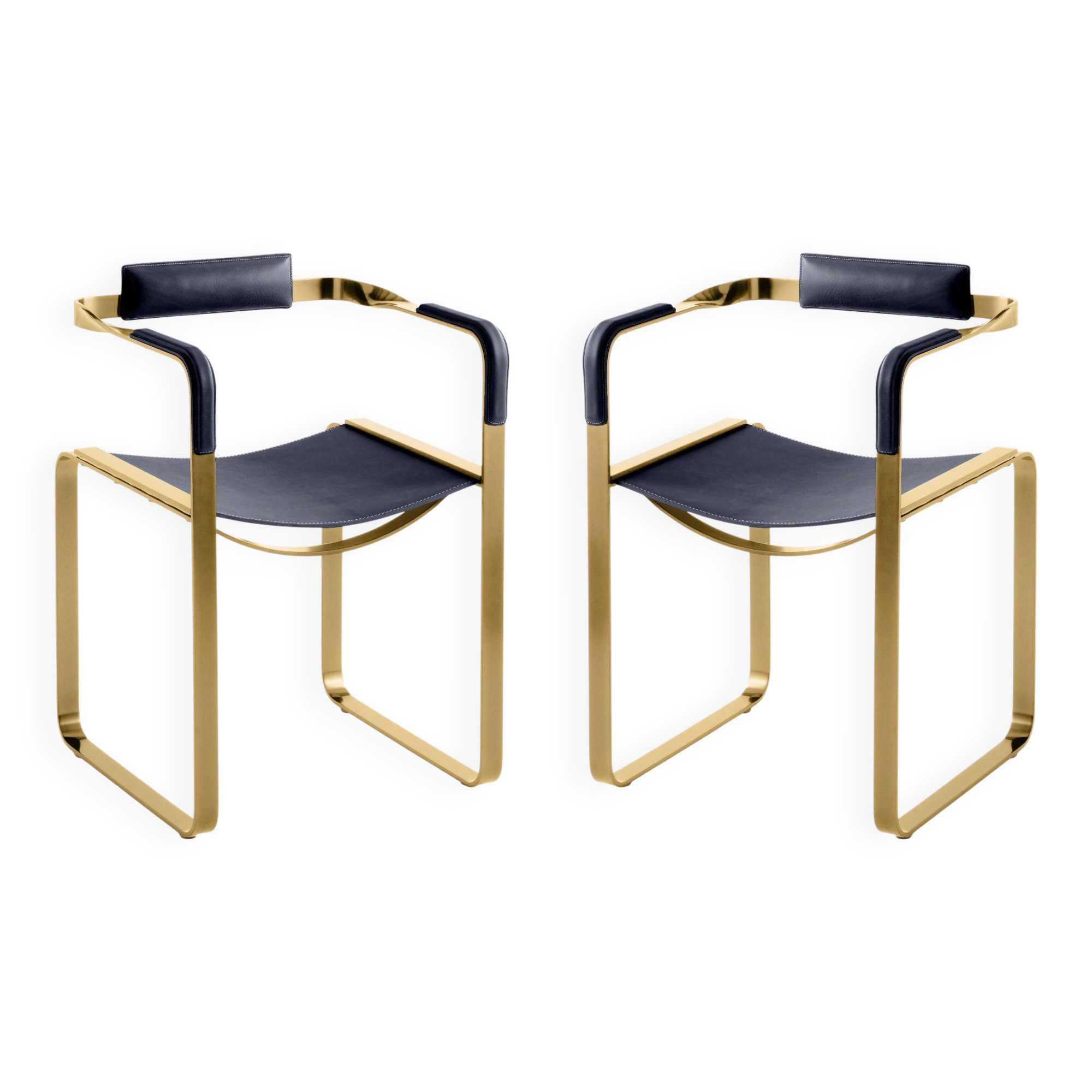 Set of 2 Armchairs, Aged Brass Steel and Marine Jump, Contemporary Style