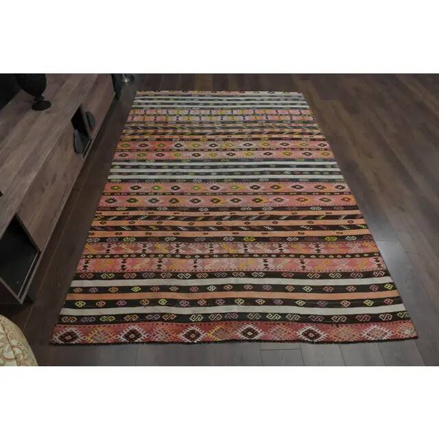 Striped Kilim Turkish Vintage Handmade Pink Orange Wool Area Rug 177x268