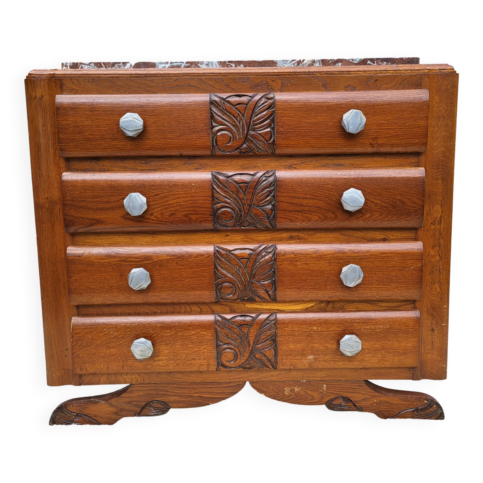 1930 Art Deco chest of drawers with recessed pink marble