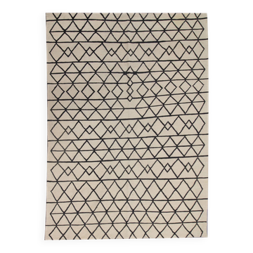 Tapis Kilim en laine crème et noire, tapis tissé à plat géométrique moderne fait main