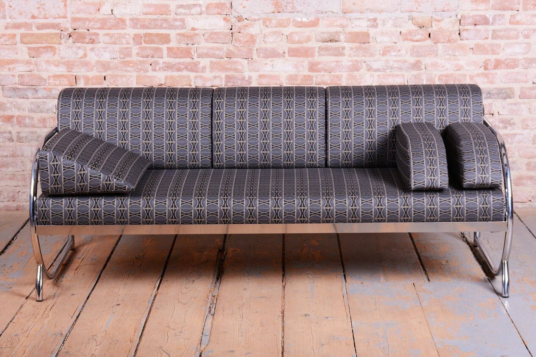 Bauhaus Sofa in Chrome and Fabric from Robert Slezak, Czech, 1930s