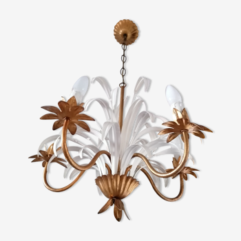 Lustre métal doré 5 feux feuilles roseaux blanches