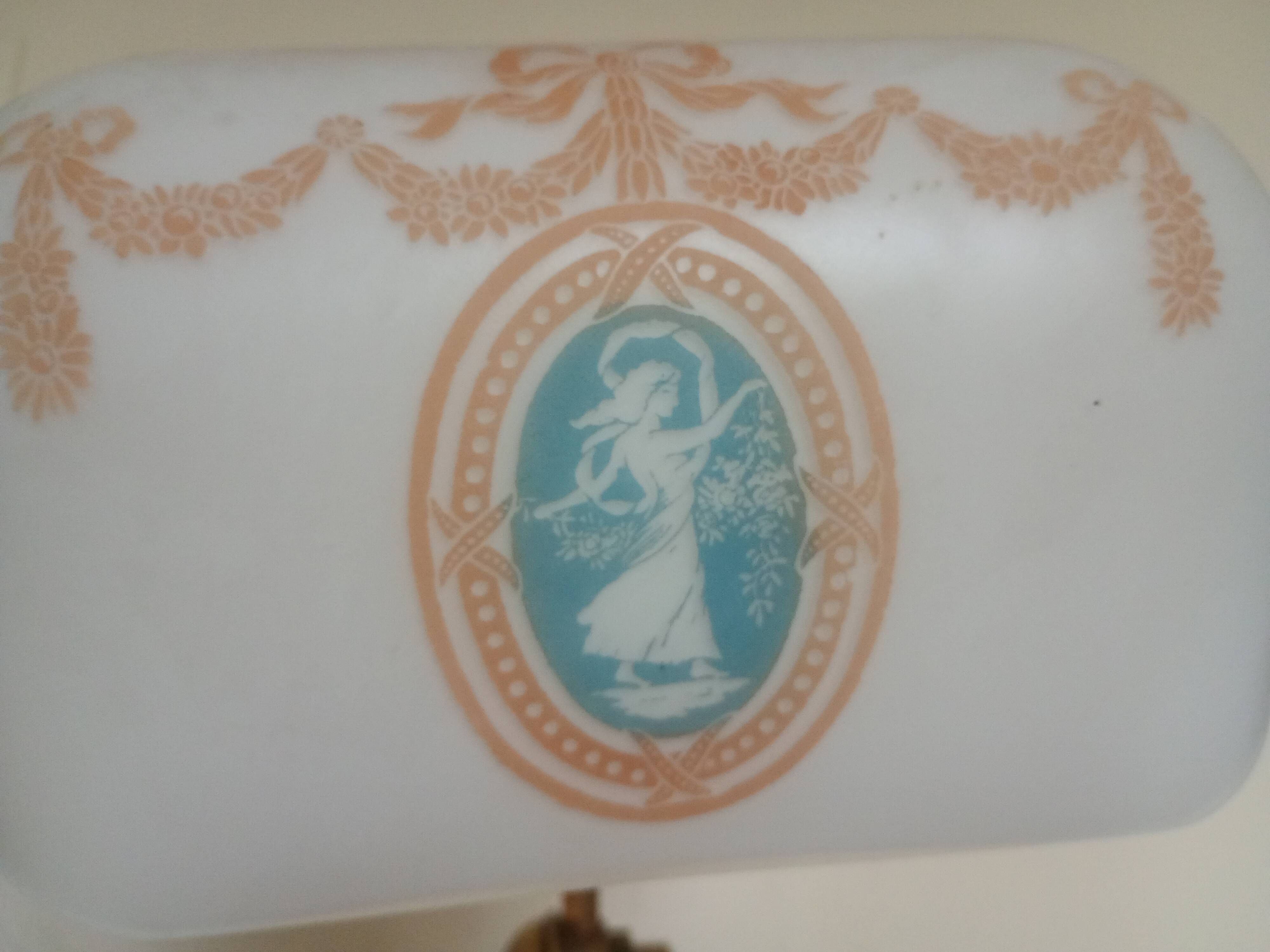 Brass & Satin Opaline Desk Lamp, Woman with Antique Ribbon Bows