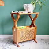 Side table with wooden and cane magazine holder