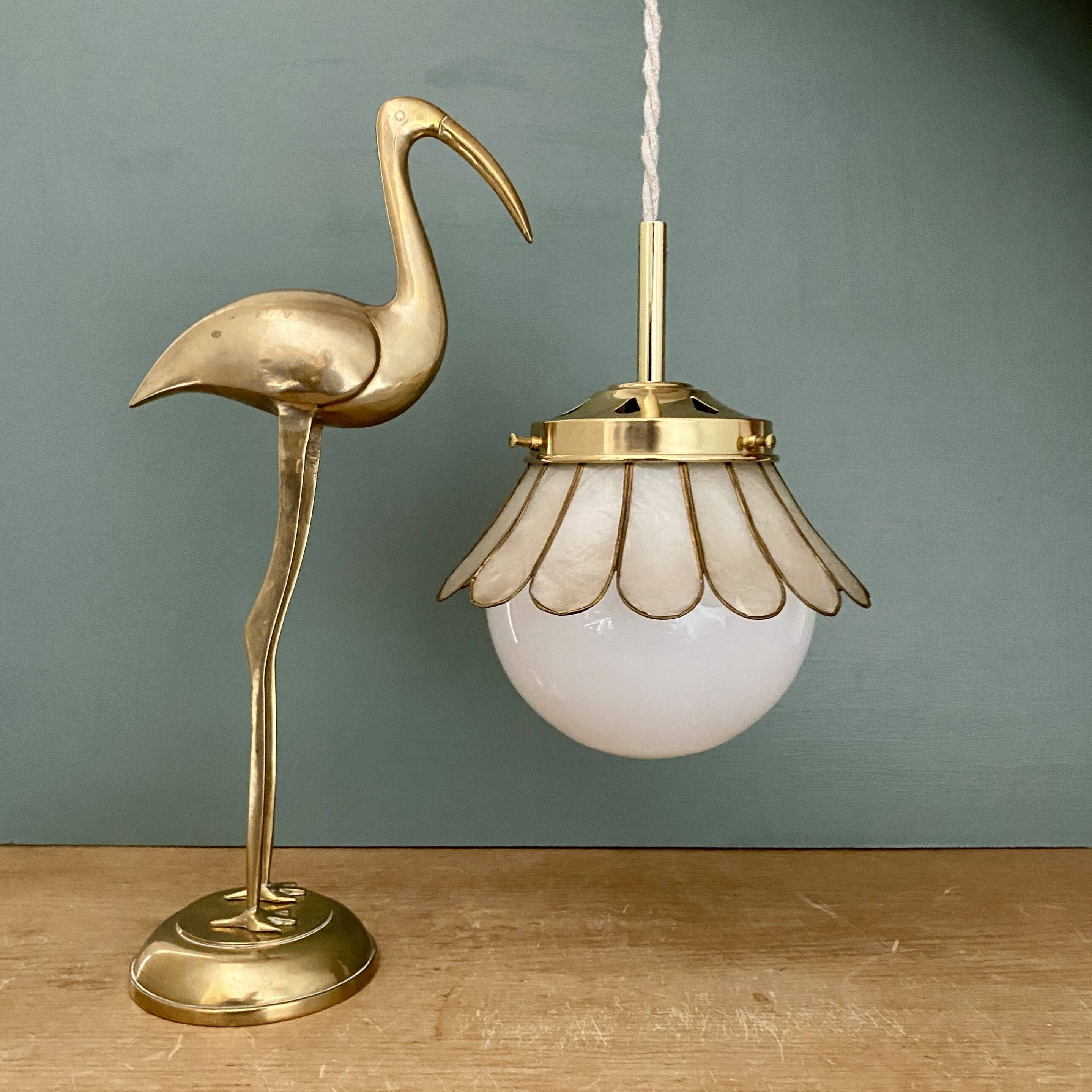 Globe pendant light and vintage lampshade in opaline and mother-of-pearl