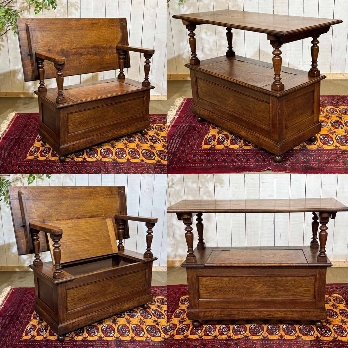 English oak bank safe from the 1930s that can serve as a console.
