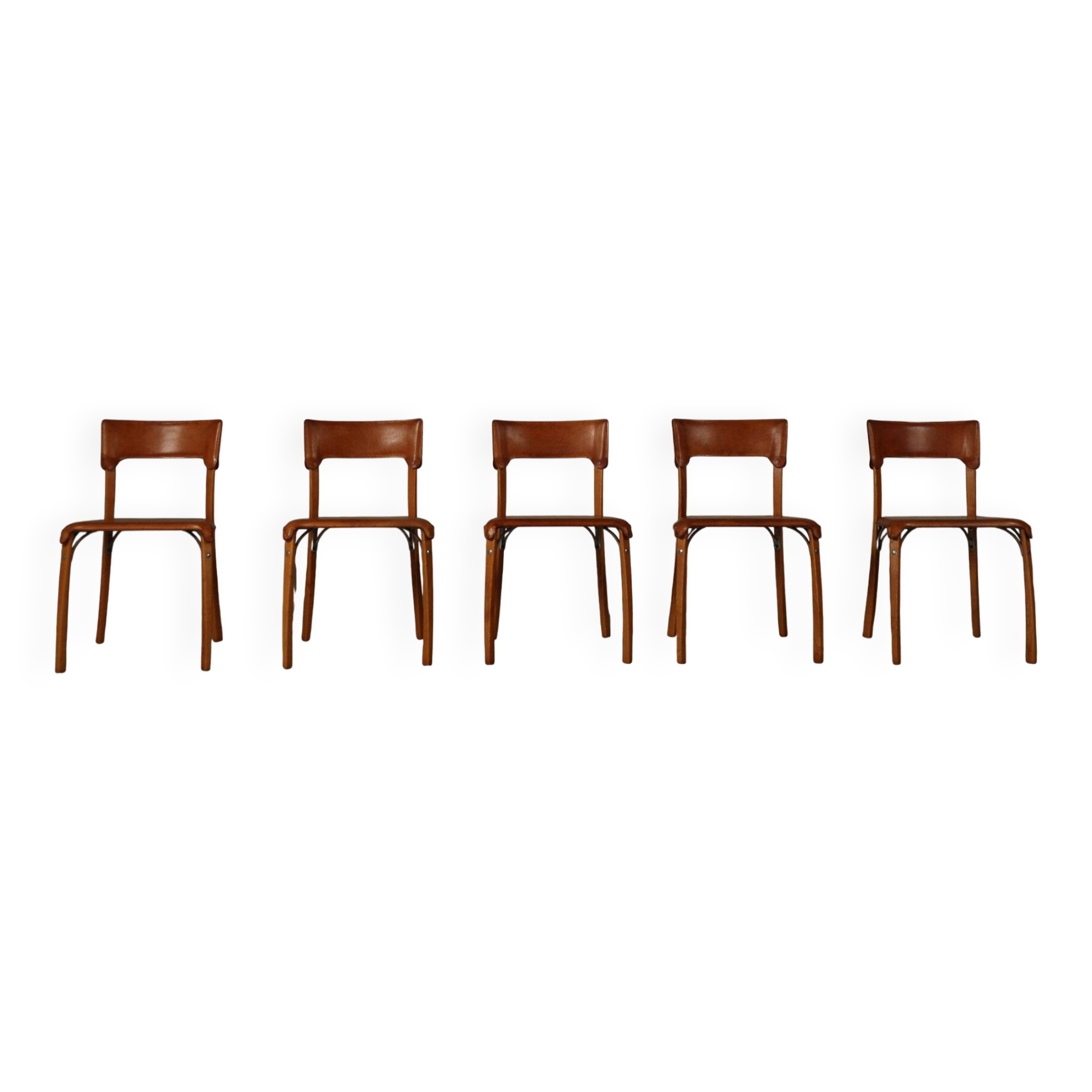 Ensemble de cinq chaises de salle à manger italiennes en cuir cognac, années 1990.