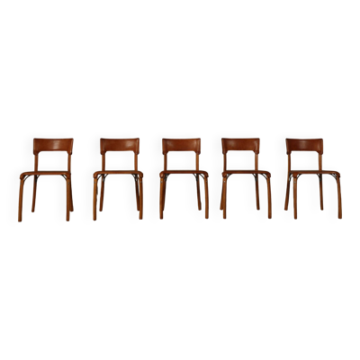 Ensemble de cinq chaises de salle à manger italiennes en cuir cognac, années 1990.