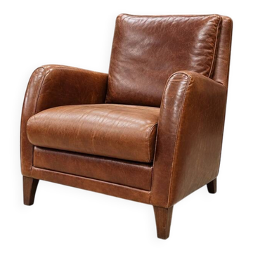 Fauteuil club en cuir marron cognac / Atelier Matteo Italie / marqué / années 1970