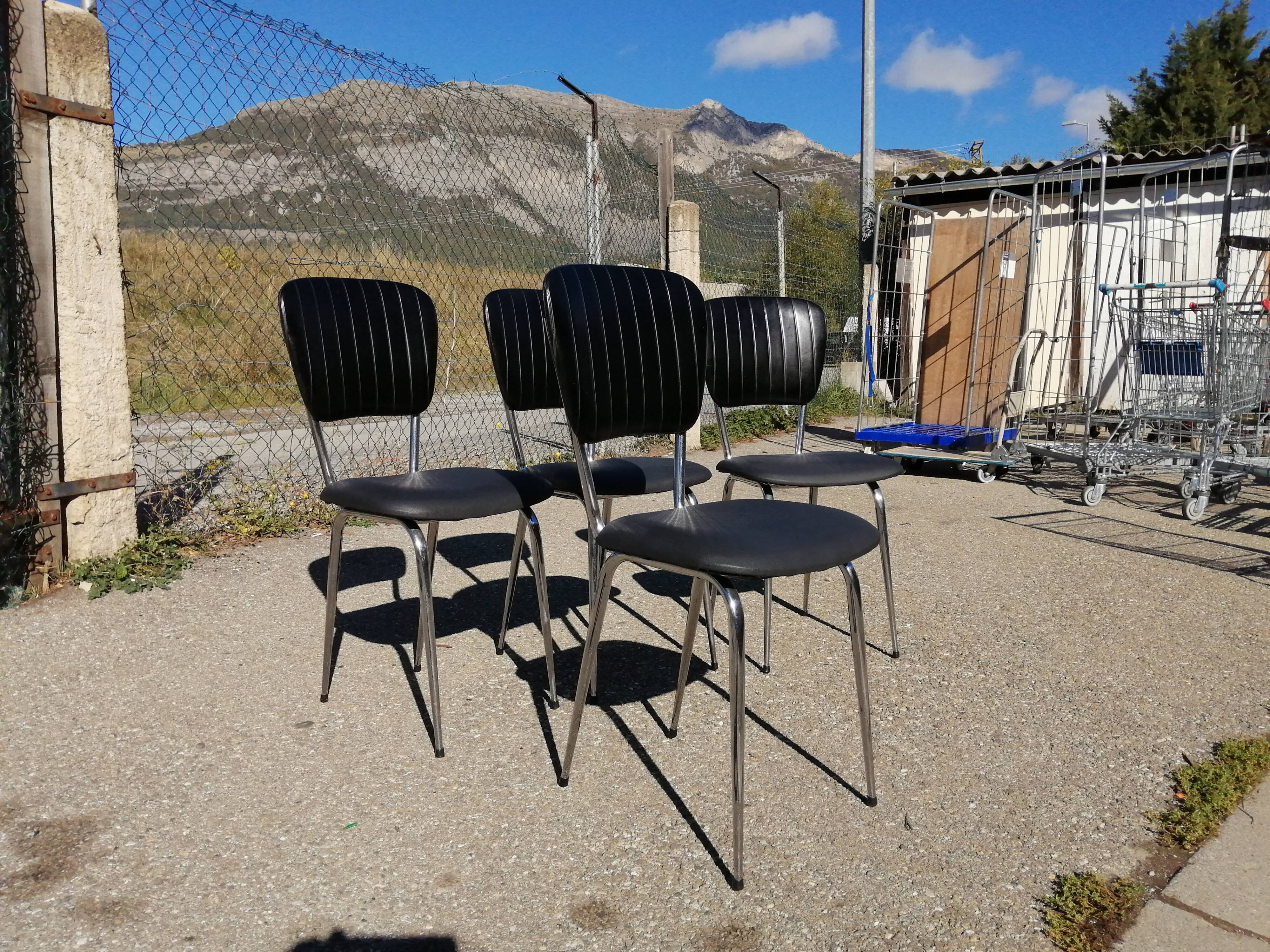 Series of 4 vintage black skai chairs - Vanac Aix