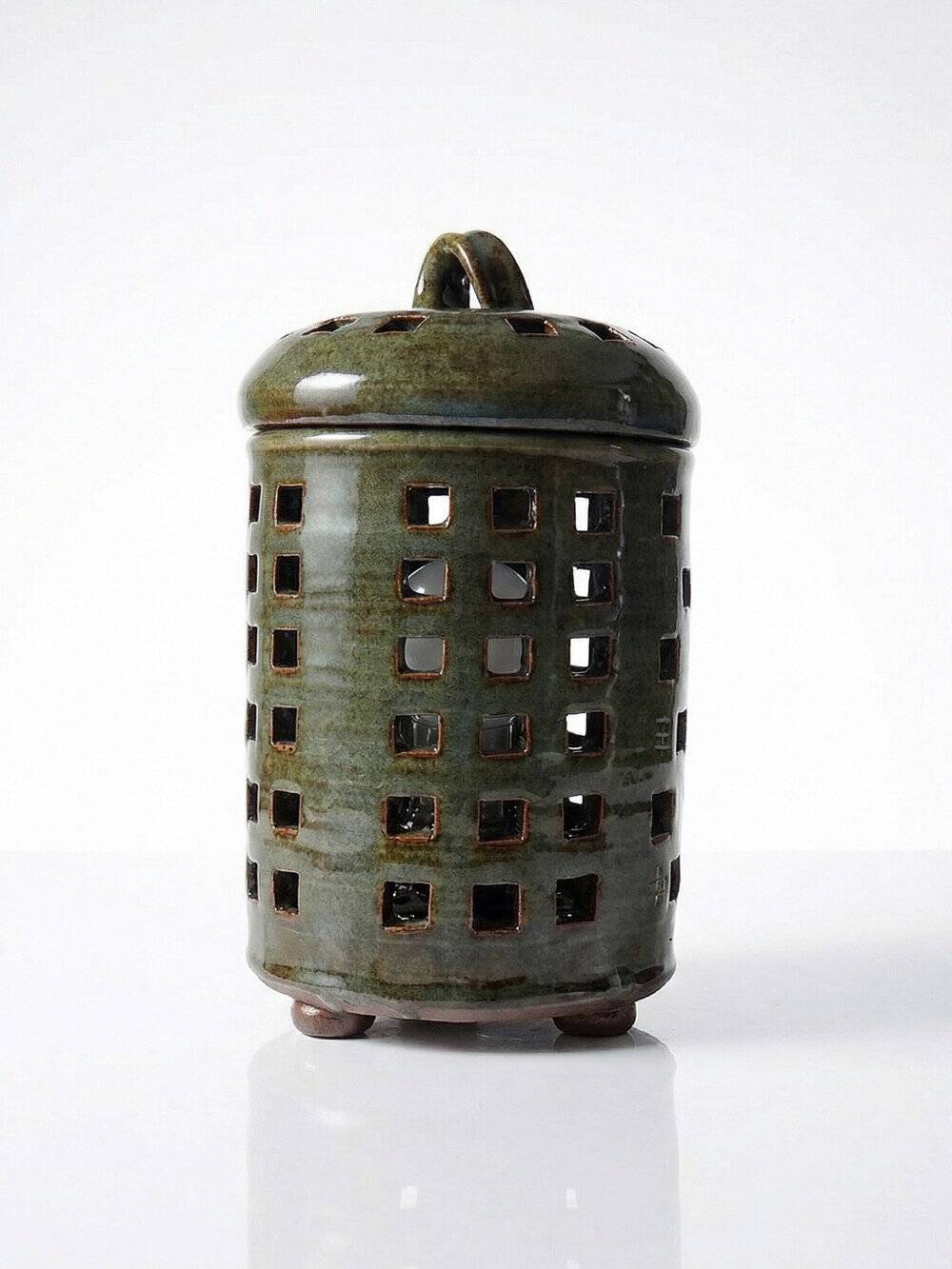 Vintage table lamp, glazed stoneware, perforated "Building" signed.