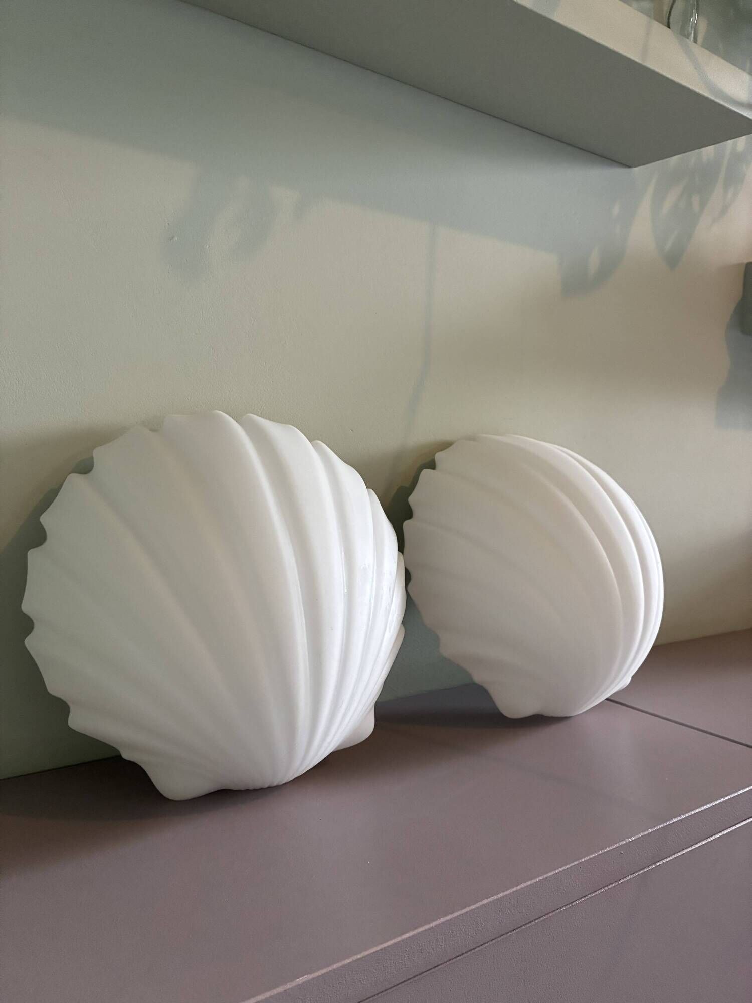 Two wall sconces in opal glass in the shape of seashells, Germany 1970