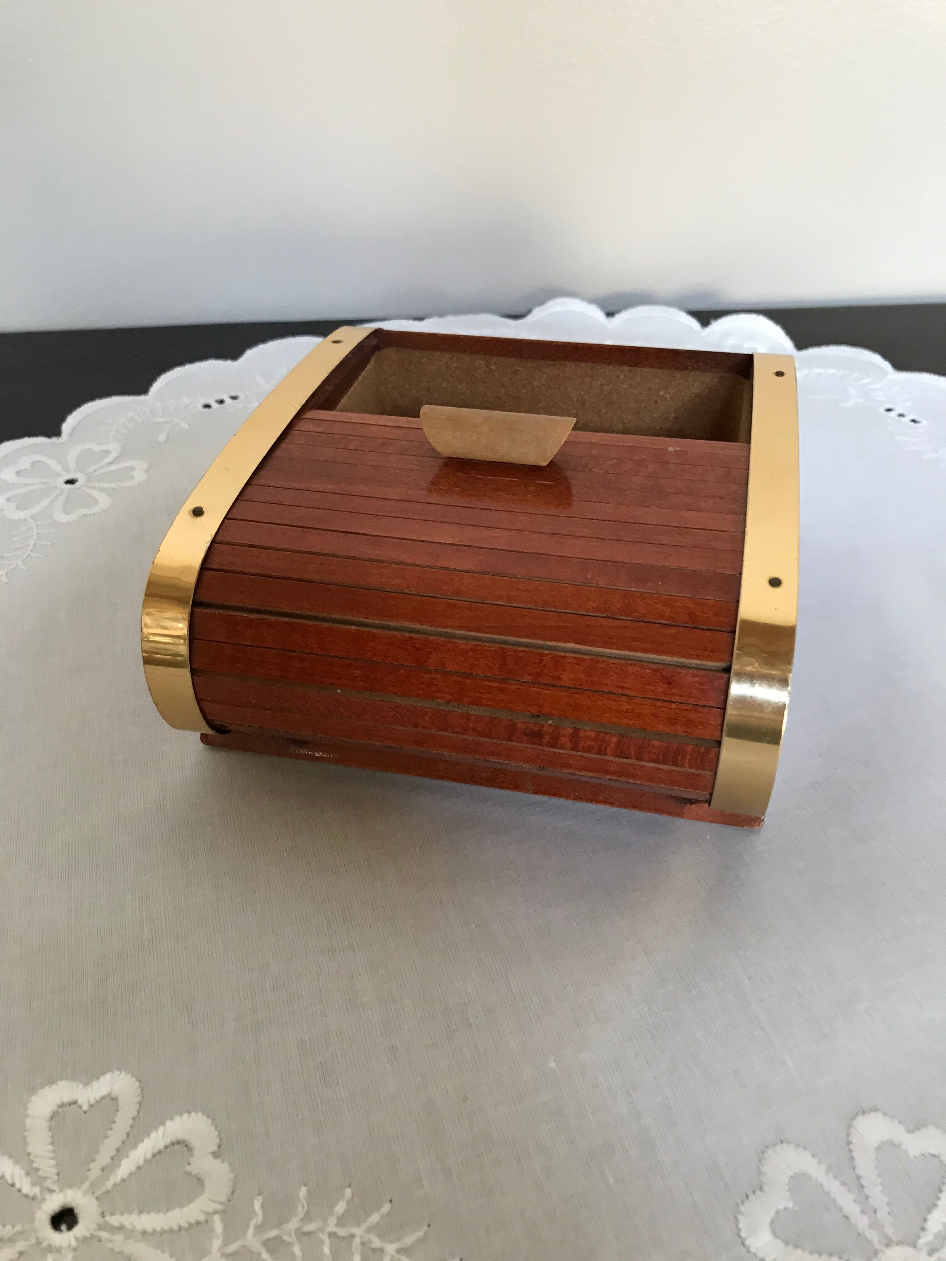 Vintage wooden cigarette box and brass curtain sliding lid