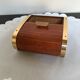 Vintage wooden cigarette box and brass curtain sliding lid