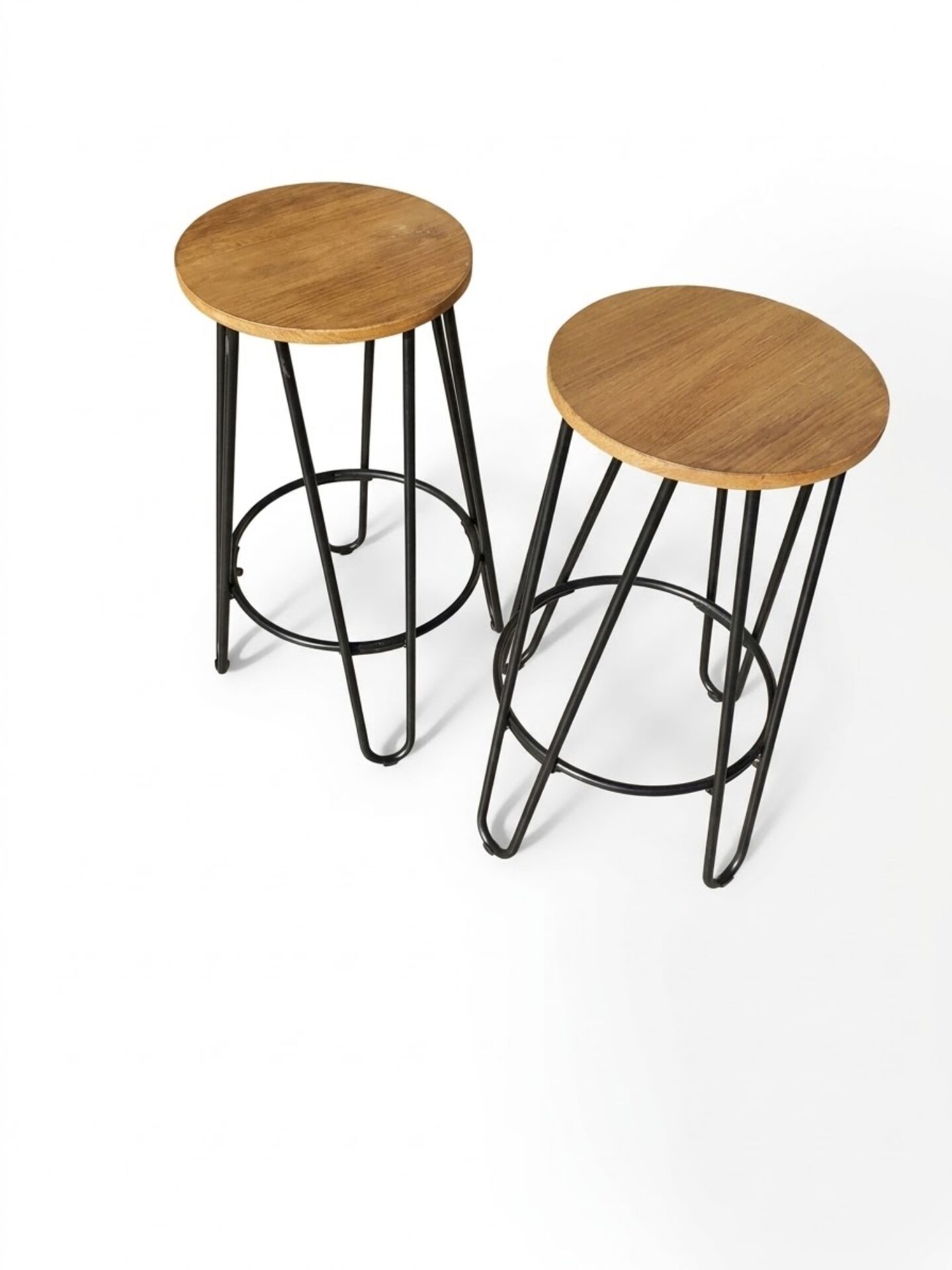 Pair of industrial style bar stools – Wooden seat & tapered legs