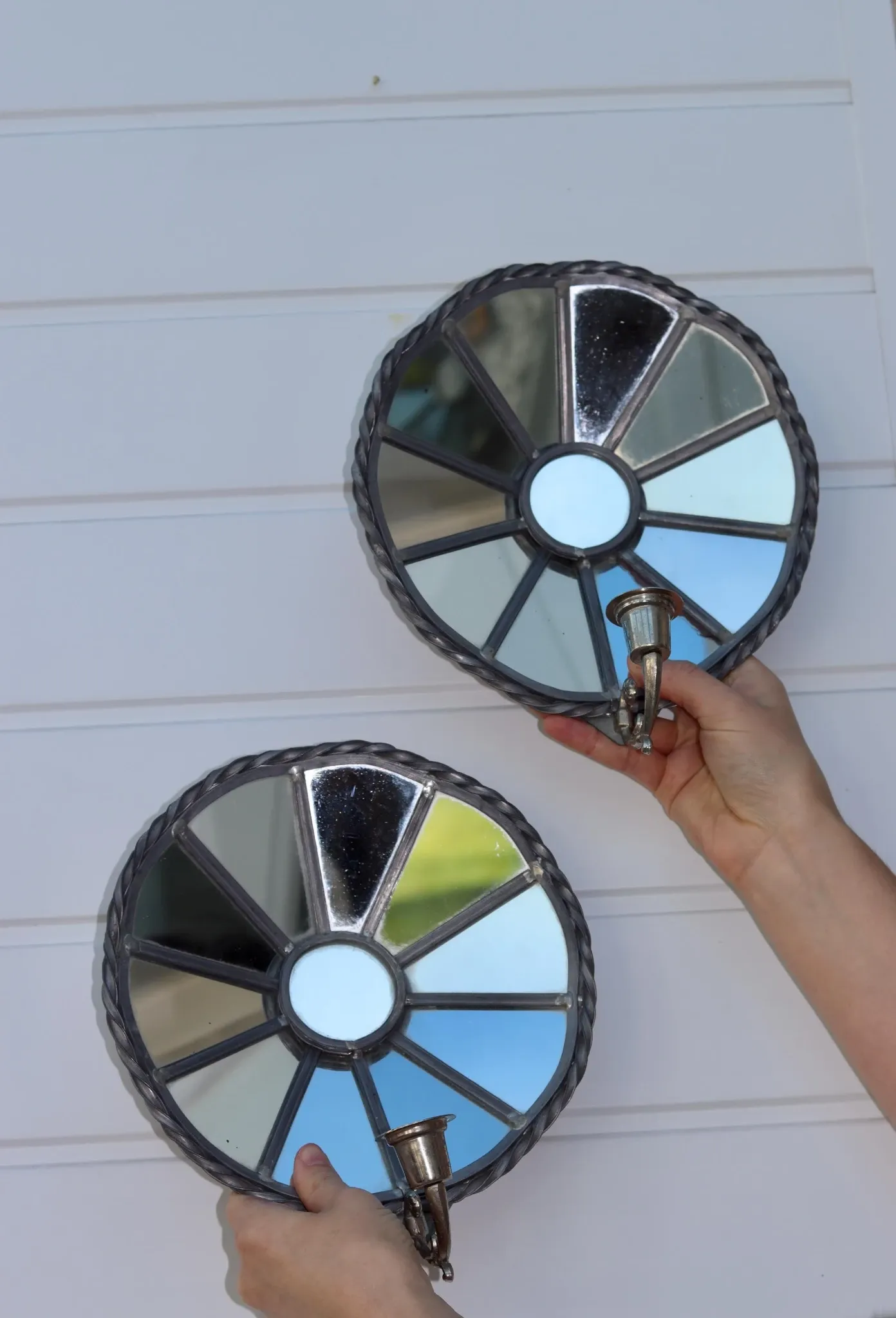 Pair of Vintage Sun Mirror Sconces in Pewter by Klöva Hallar