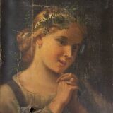 Oil on canvas portrait of young girl with plant crown 19th century