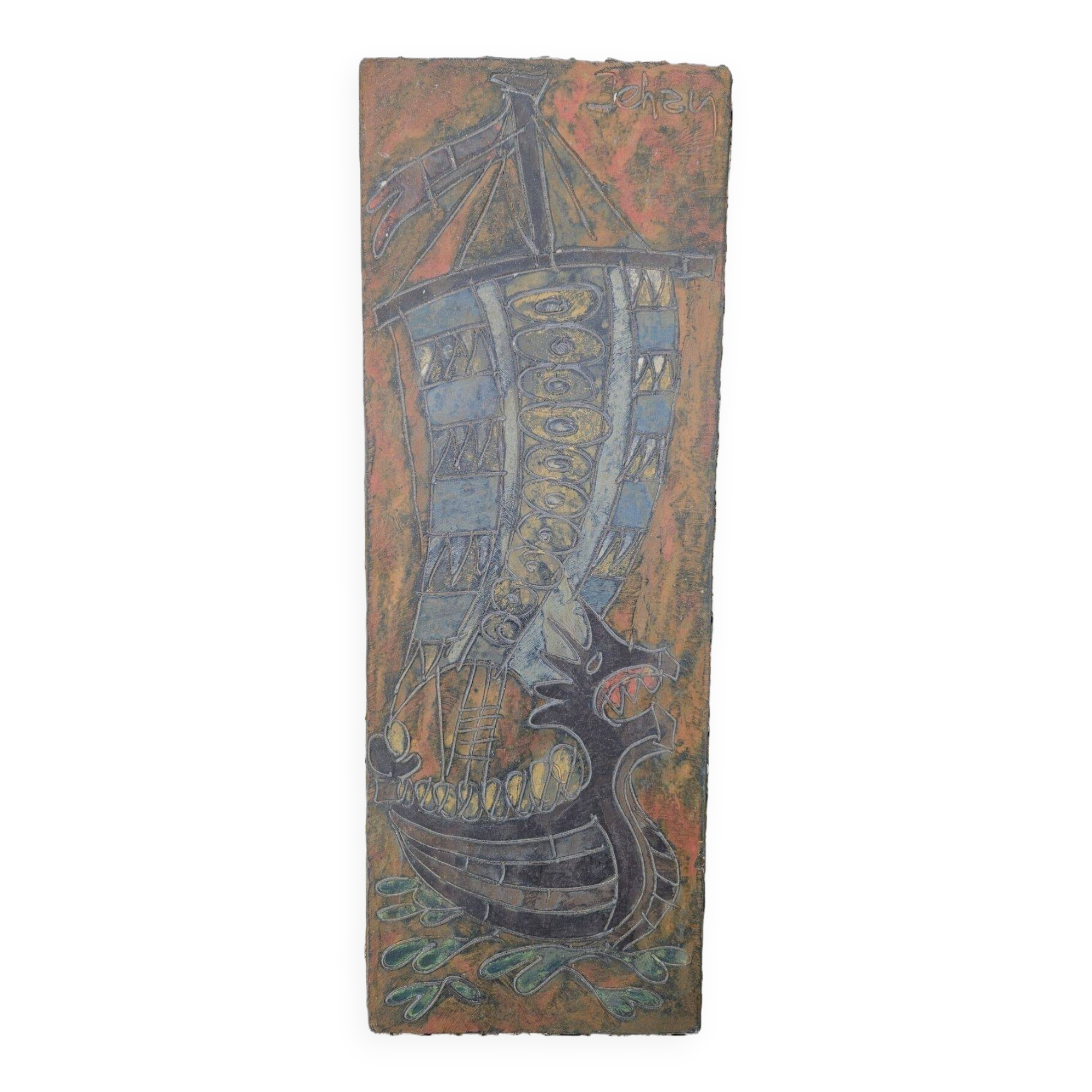 JEHAN - Painted Carved Panel with DRAKKAR Motif