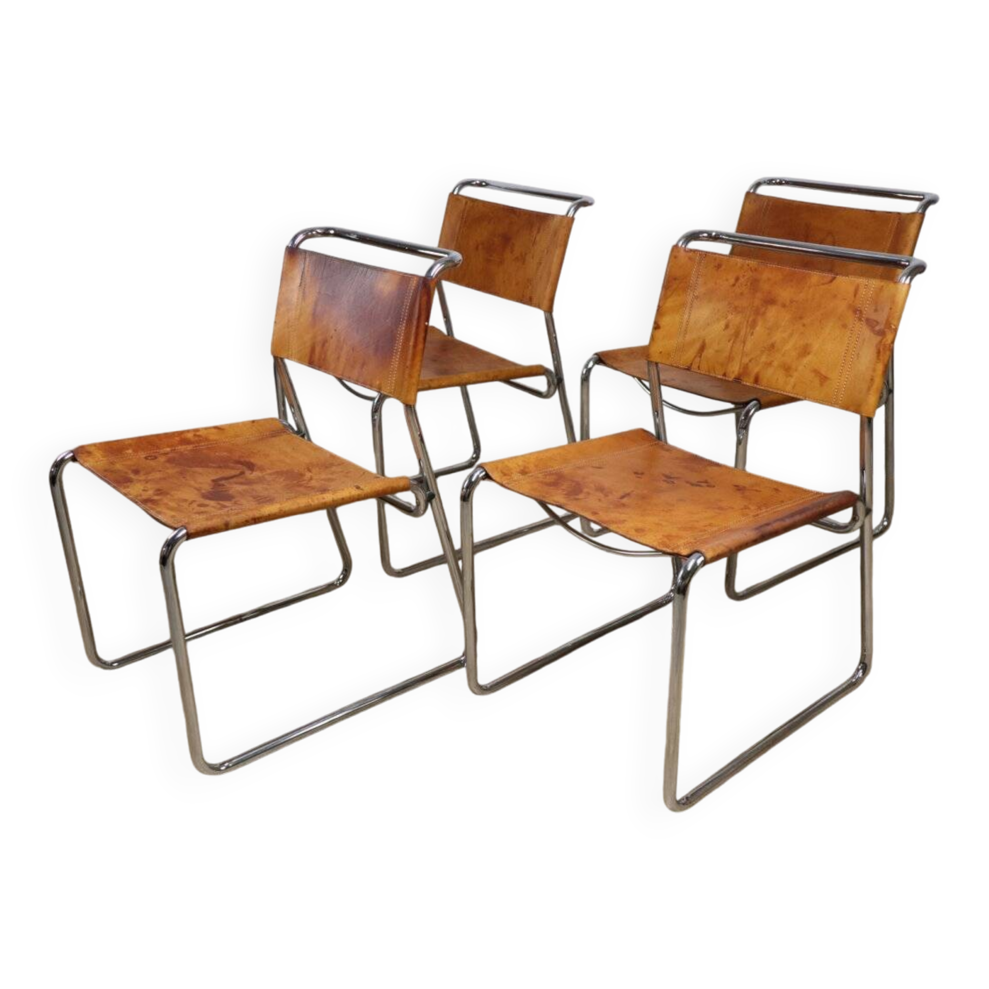 Set of 4 vintage leather and chrome metal chairs, 1970