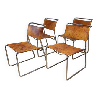 Set of 4 vintage leather and chrome metal chairs, 1970