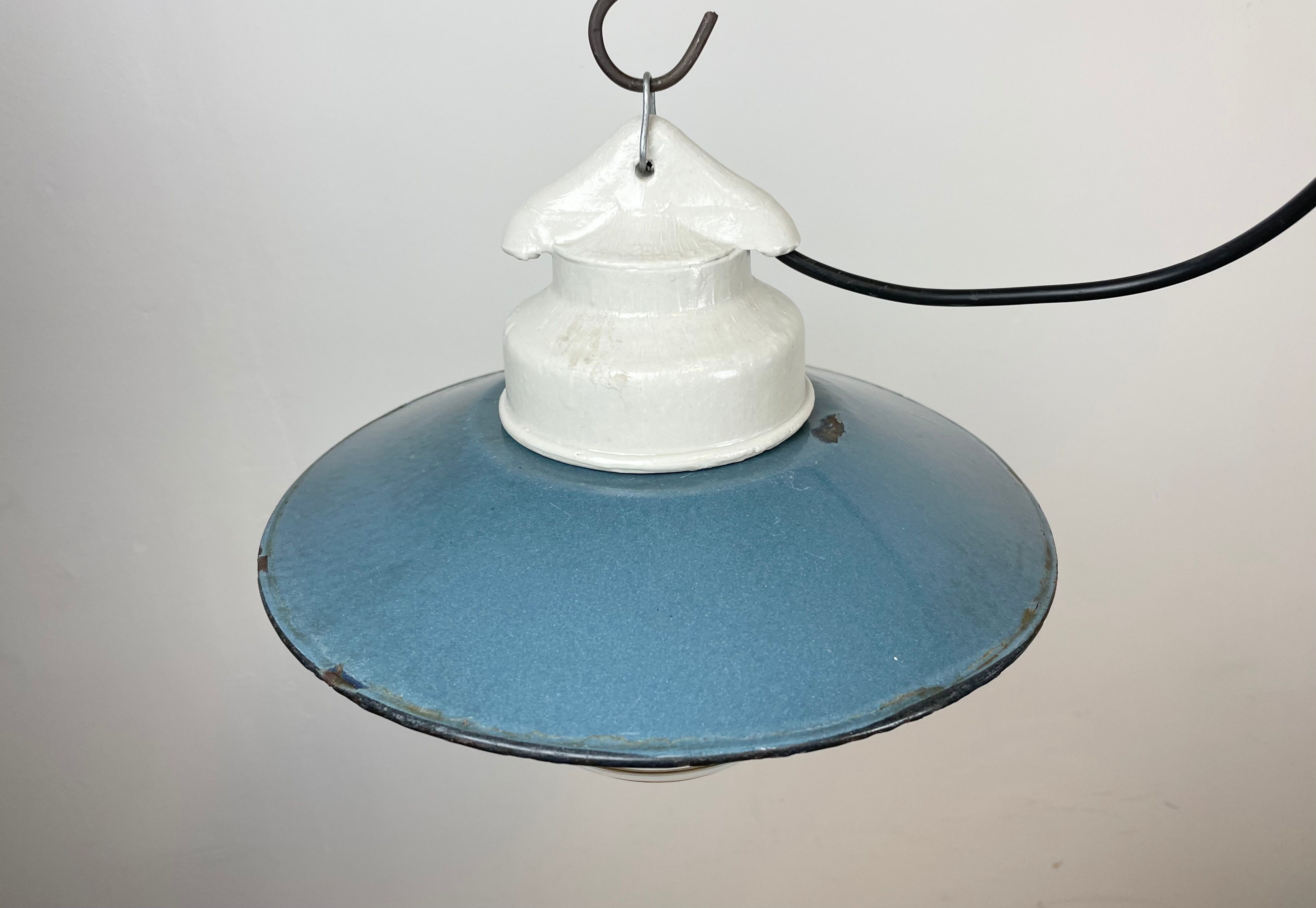 Industrial porcelain blue enamel pendant light with ribbed clear glass, 1970s
