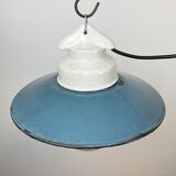 Industrial porcelain blue enamel pendant light with ribbed clear glass, 1970s