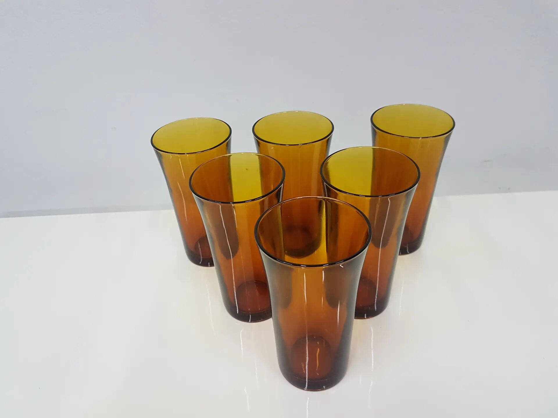 Set of six amber glass tumblers, Duralex, France, 1980s.