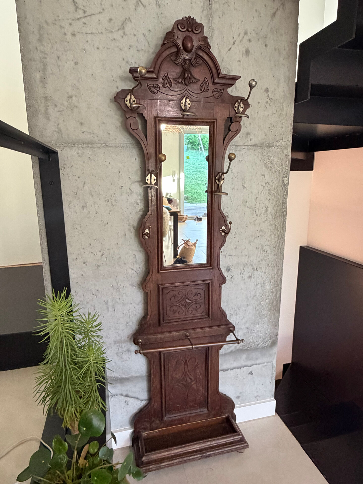 Antique oak carved coat stand, mirror and umbrella stand — late 19th century