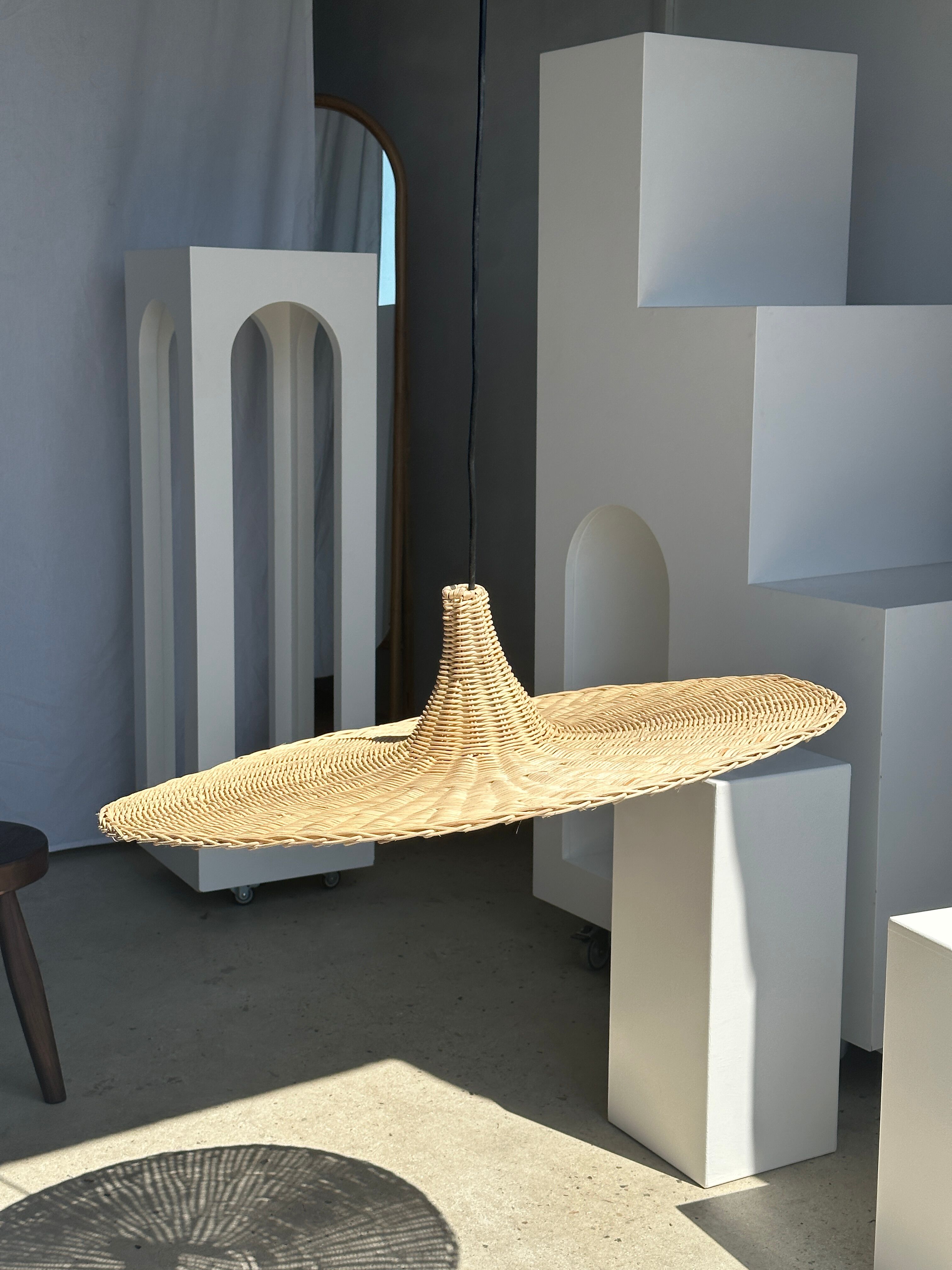 Large suspension, rattan luminaire in hat shape D:80cm