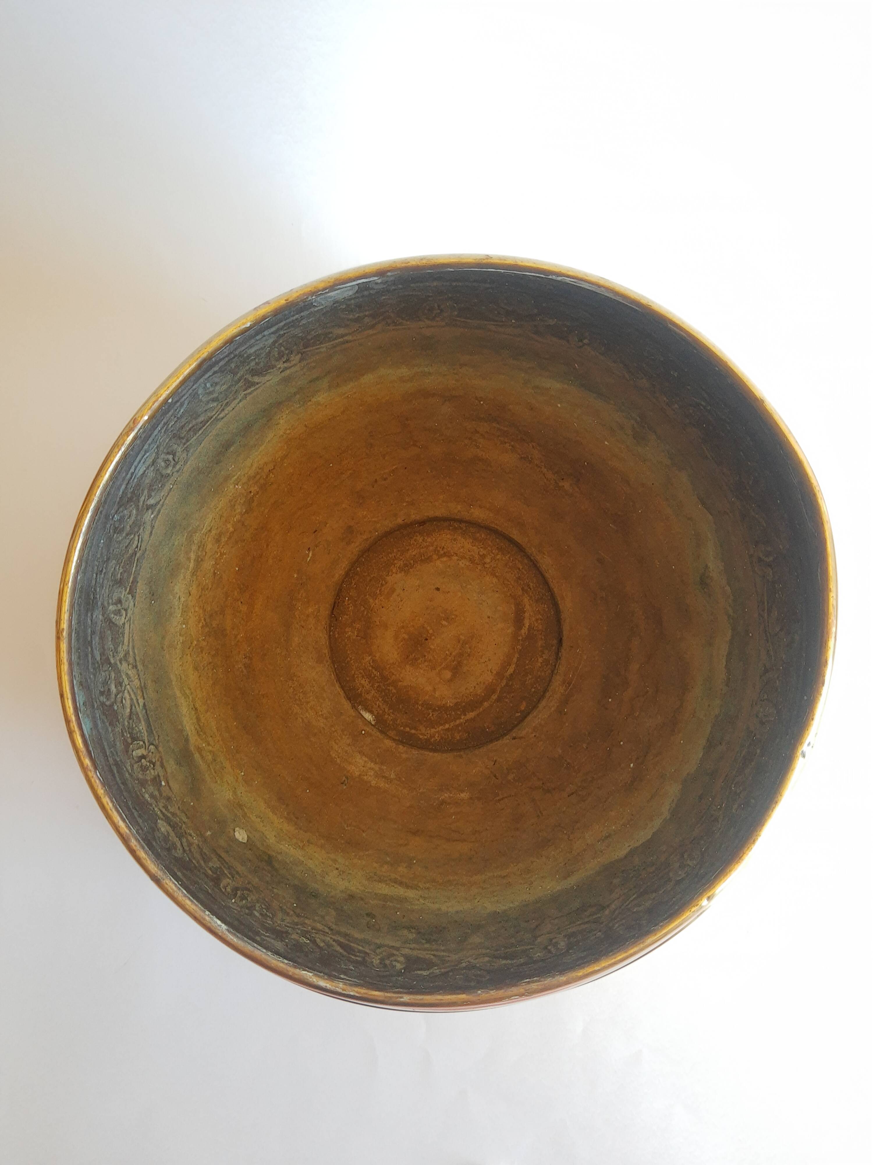 Old brass cache pot with vintage floral frieze